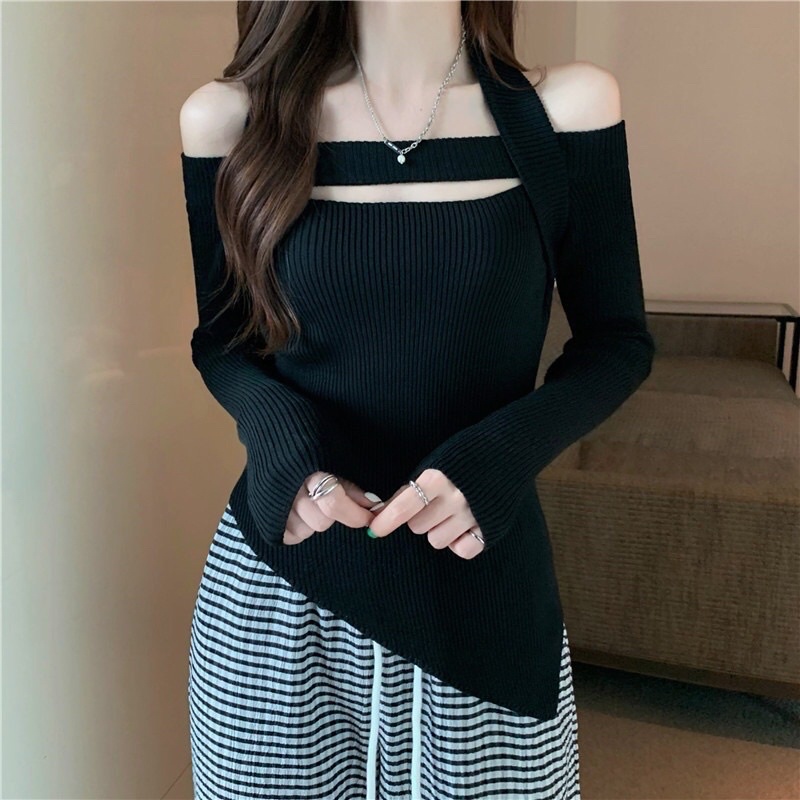 (chuyên sỉ) Áo Sweater Tay Dài Hở Vai Dáng Ôm Gợi Cảm Phong Cách Hàn Quốc Cho Nữ