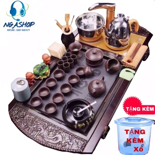 Bàn trà điện thông minh đa năng,khung gỗ đục tròn mặt đá sứ,Bếp đun nước inox cảm ứng tự động kèm ấm chén gốm sứ trà đạo