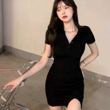 Váy Body Cổ Bẻ Xẻ Trước sexy - Chất Thun Gân Tăm Dày Dặn