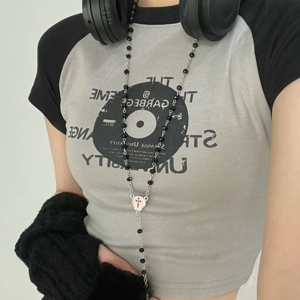 Áo Thun Raglan Nữ Tay Ngắn In Chữ Garbege / 22ss