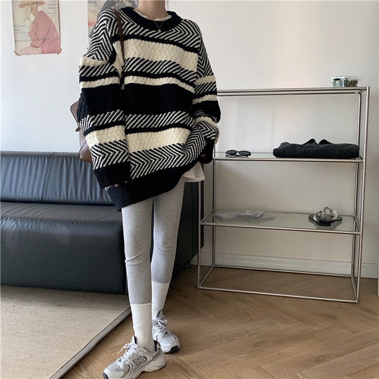 Áo len nữ hàn quốc form rộng kẻ sọc ngang 2021, áo sweater nữ len form rộng dệt kim | BigBuy360 - bigbuy360.vn