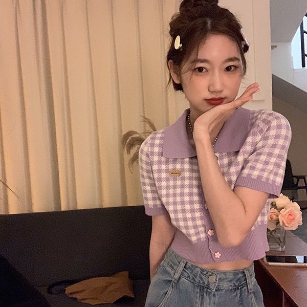 Áo Sweater Dệt Kim Tay Ngắn Kẻ Sọc Phong Cách Hàn Quốc Thời Trang Mùa Xuân Mới Cho Nữ