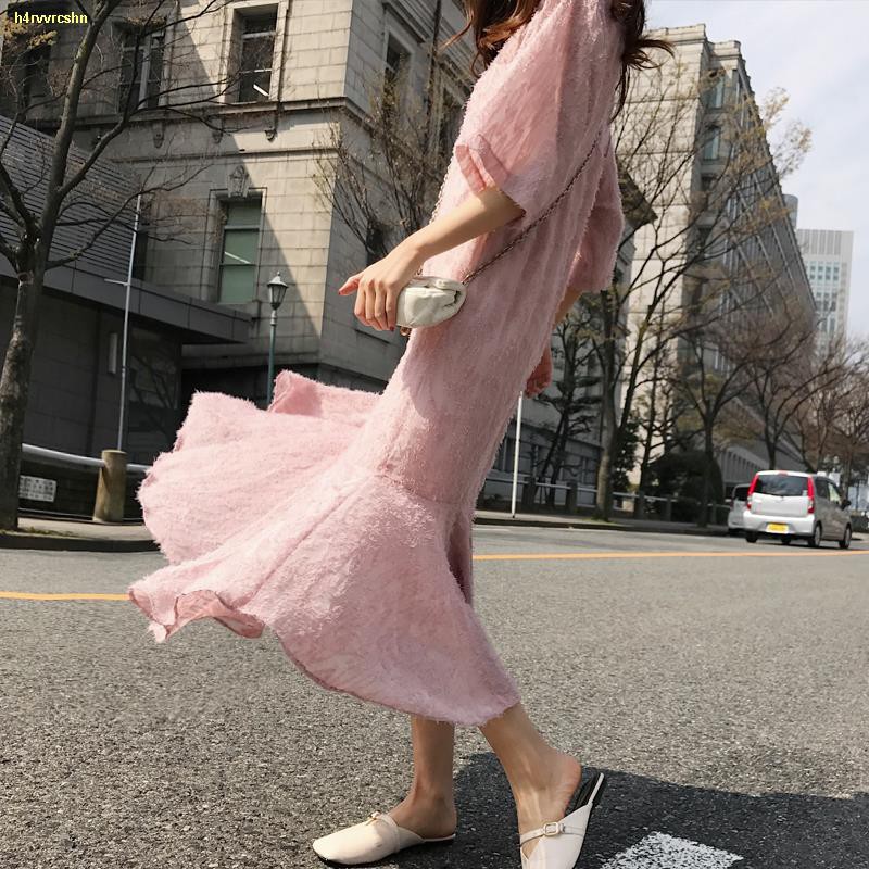 ☒❒✚Quần áo phụ nữ Hàn Quốc mùa hè mới 2018 là Nàng tiên cá màu hồng mỏng váy voan tính khí váy nhỏ tươi mát dài
