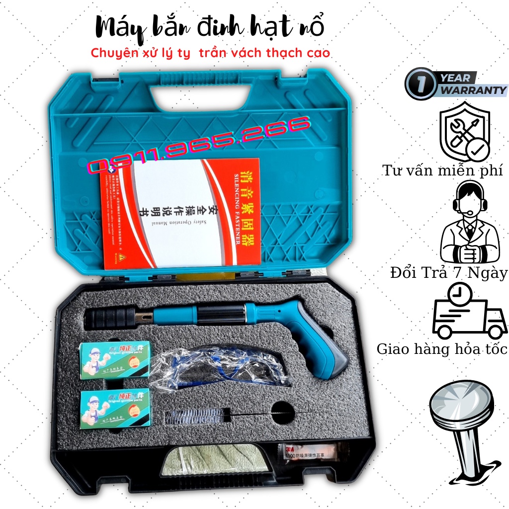 Máy bắn đinh hạt nổ bê tông ty trần thạch cao, tôn, sắt, thép dày 8mm không cần sử dụng điện