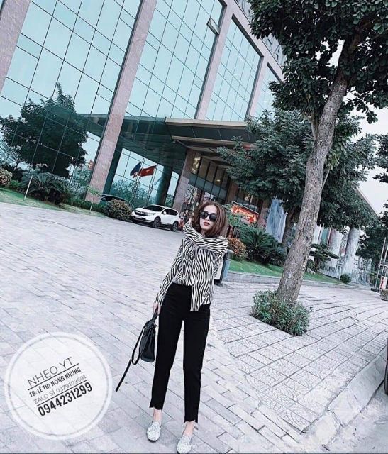 Quần baggy vải cúc lệch gấu