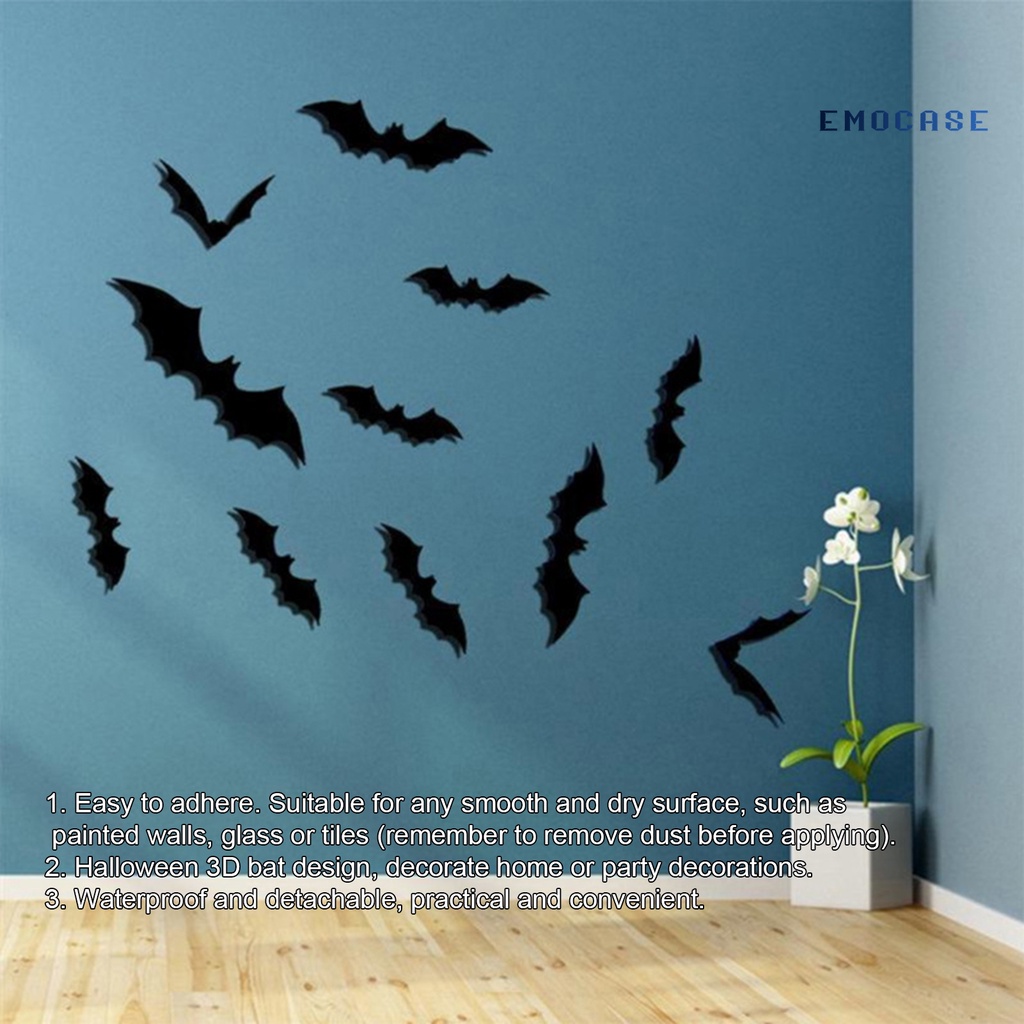 Bộ 12 Miếng Dán Tường Trang Trí Halloween Hình Dơi 3D Màu Đen Tinh Tế Hiệu Quả