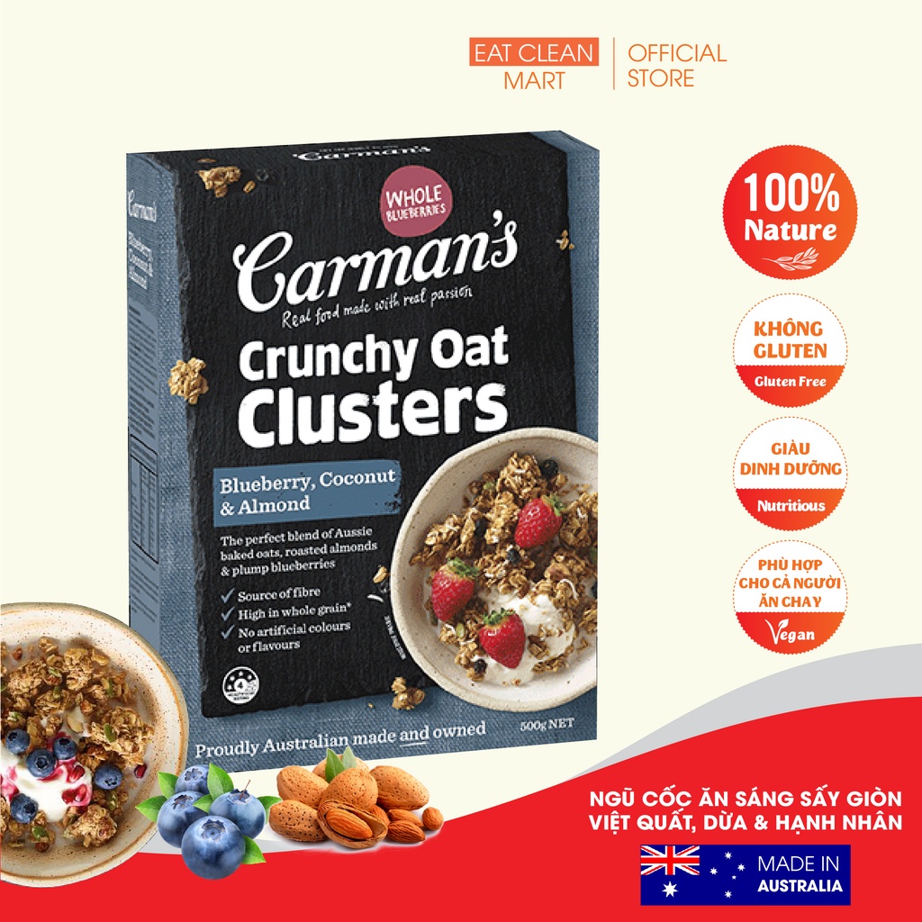 Ngũ Cốc Ăn Kiêng Carman's Sấy Giòn Việt Quất, Dừa &amp; Hạnh Nhân - Crunchy Clusters Blueberry, Coconut &amp; Almond - Hộp 500g