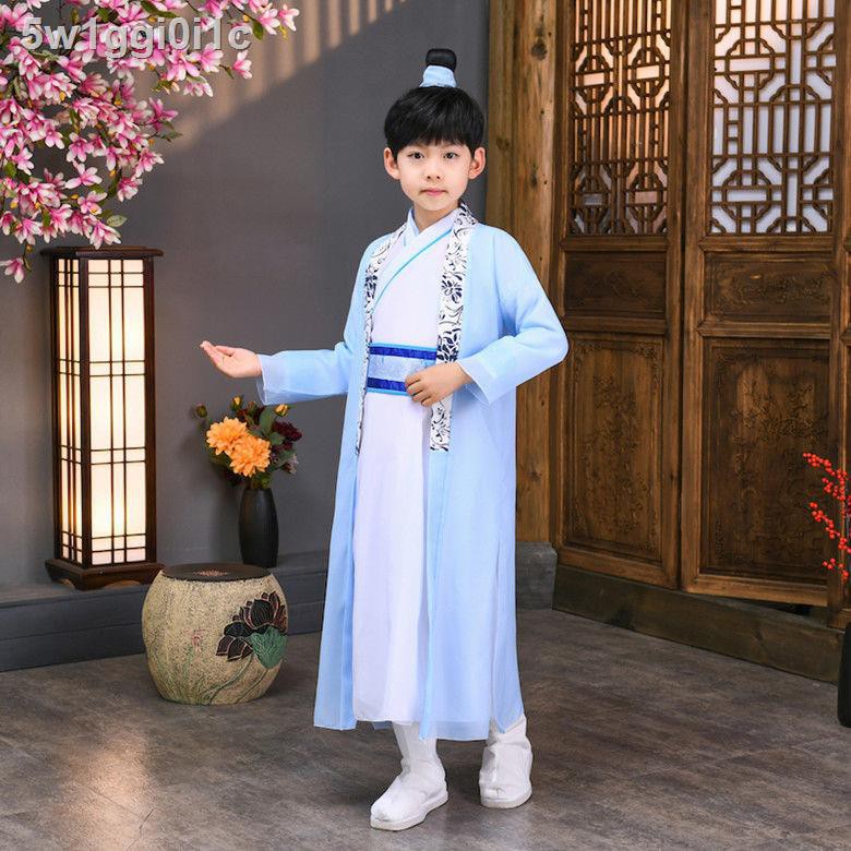 Biểu diễn Hanfu mới của trẻ em Fushutong Đồng phục học sinh Trung Quốc cho nam và các cô gái, quần áo ngâm thơ, si