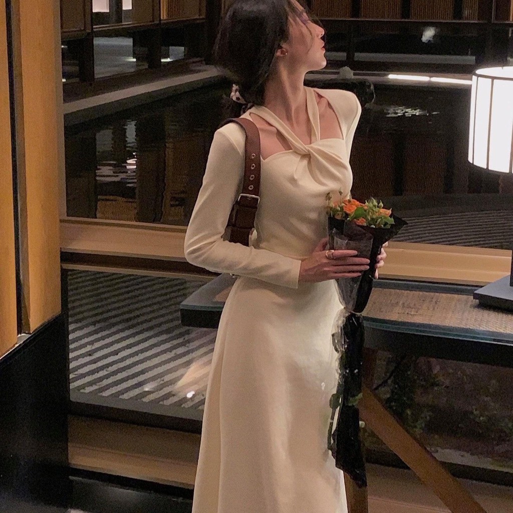 Đầm tay dài xoắn cổ chất xốp mềm mát phù hợp mùa hè - Hana dress
