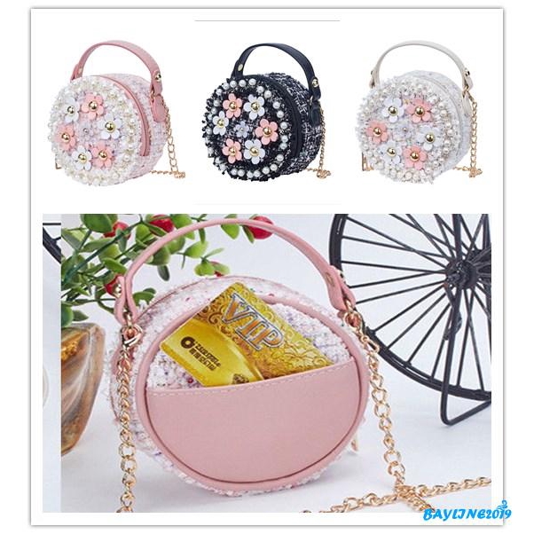 Túi xách đeo chéo vai hình tròn đính ngọc trai họa tiết hoa nhỏ xinh cho bé gái