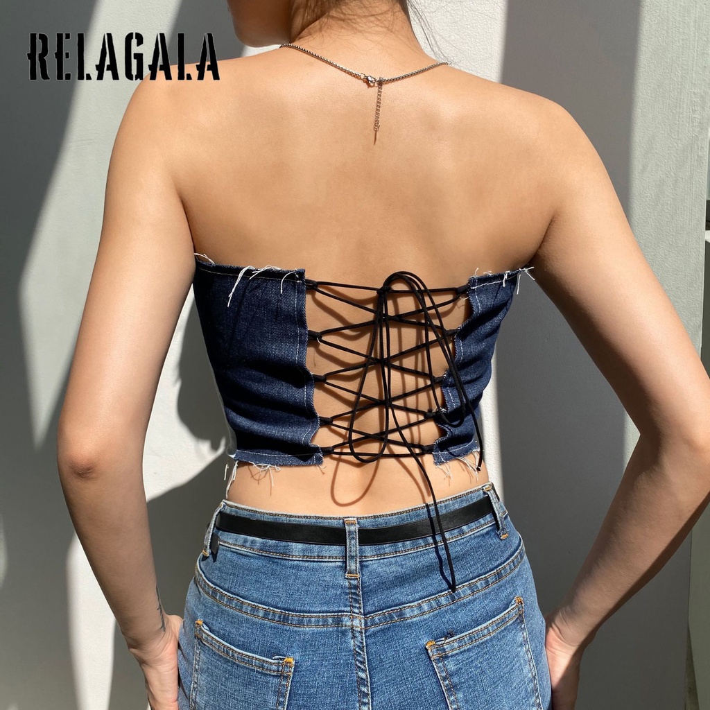 Áo denim hai dây hở lưng dáng ôm thời trang quyến rũ cho nữ 2021 | BigBuy360 - bigbuy360.vn