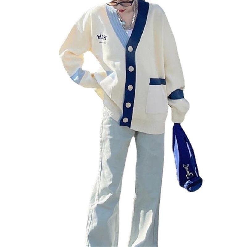 Áo Khoác Cardigan Dệt Kim Tay Dài Cổ Chữ V Dáng Rộng Thêu Chữ Phối Màu Thời Trang Vintage Dành Cho Nữ