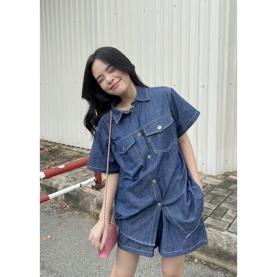 Sibling House - Set áo sơ mi tay ngắn cổ nhọn và quần shorts thun chất vải denim dày dặn hai túi MINTY SET