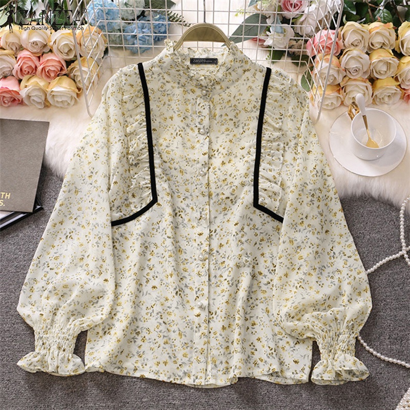 Áo sơ mi Zanzea tay loe xếp ly cổ đứng in họa tiết thời trang dành cho nữ