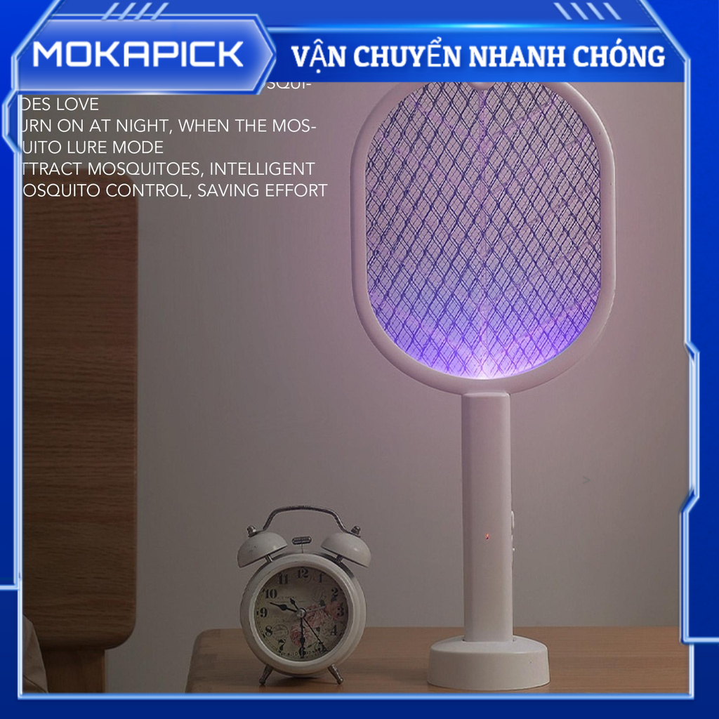 Mokapick Vợt đánh ruồi điện USB Sạc Ánh sáng tím 3 lớp Lưới chắn muỗi an toàn chống có đế