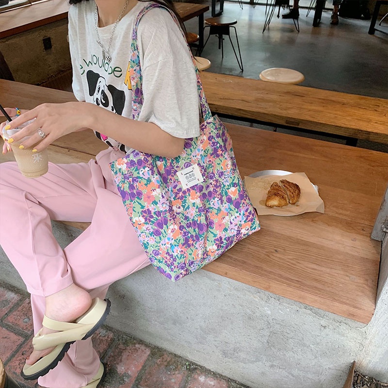 CHIC JOY Túi Xách Canvas Cỡ Lớn Họa Tiết Hoa Phong Cách Phương Tây Cho Nữ