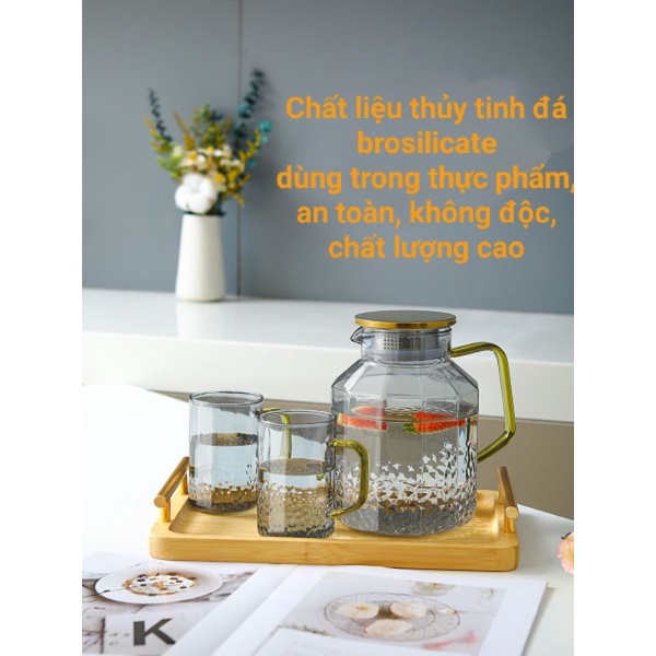 Combo 1 bình 4 cốc thủy tinh brosilicate chịu nhiệt dung tích lớn 1.8L