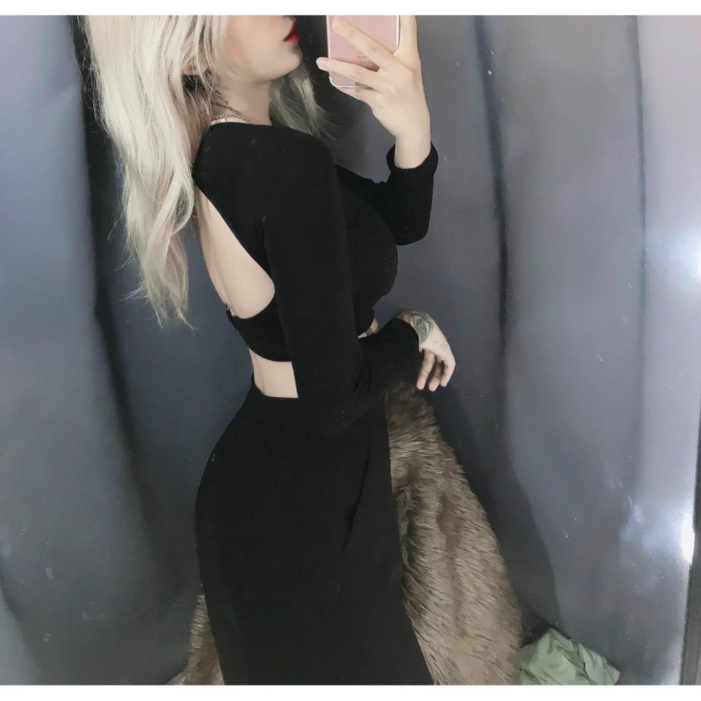 Áo kiểu tay dài croptop ôm body hở lưng khoen cực xinh , chất thun bozip mềm mịn ་