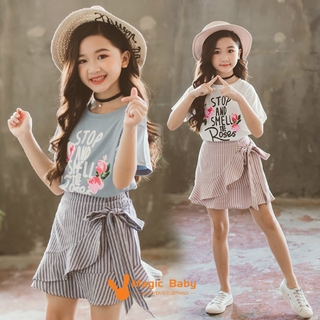 Bộ Áo Thun + Chân Váy Sọc Ca Rô Đáng Yêu Cho Bé Gái