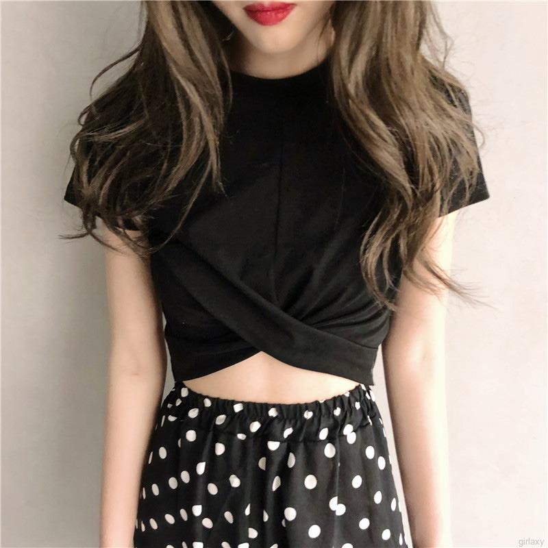 Áo Croptop Tay Ngắn Cổ Tròn Màu Trơn Phong Cách Hàn Quốc