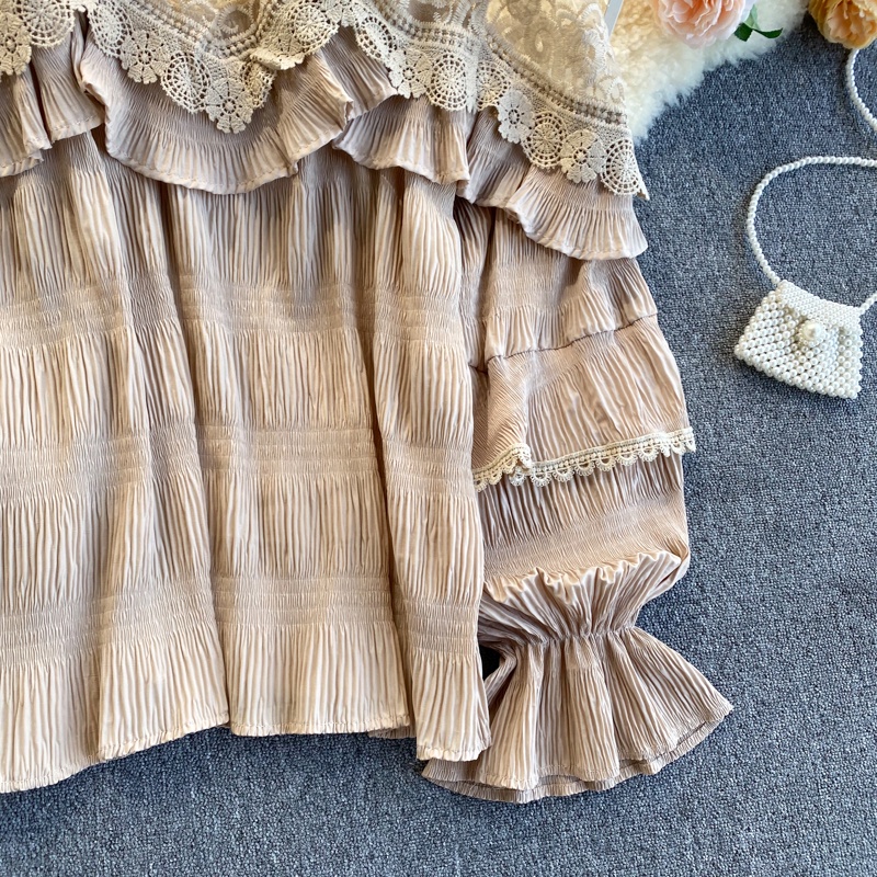 Áo cổ tròn dập ly pha ren ulzzang   230222