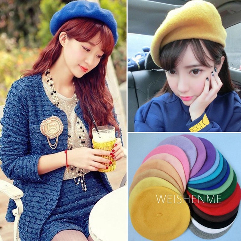 Mũ beret thêu len màu đơn sắc phong cách vintage xinh xắn cho nữ