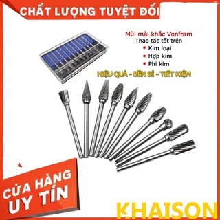 Bộ 10 mũi mài khắc mini bằng thép vonfram đầu 6mm, cán 3mm, sọc đơn, kèm hộp đựng