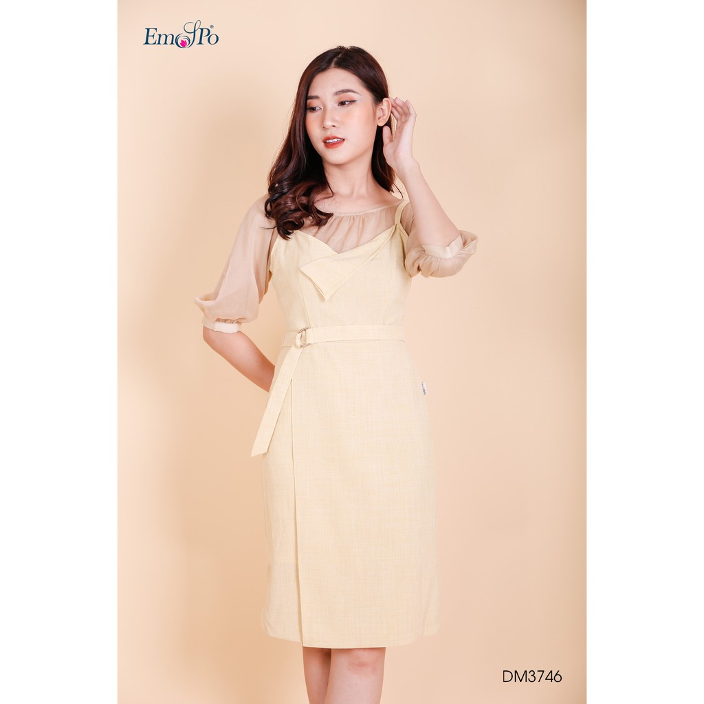 Đầm 2 dây ôm dáng A hai lớp, phối áo trong tay lỡ cổ nhún Emspo DM3746 (Hồng, Vàng)