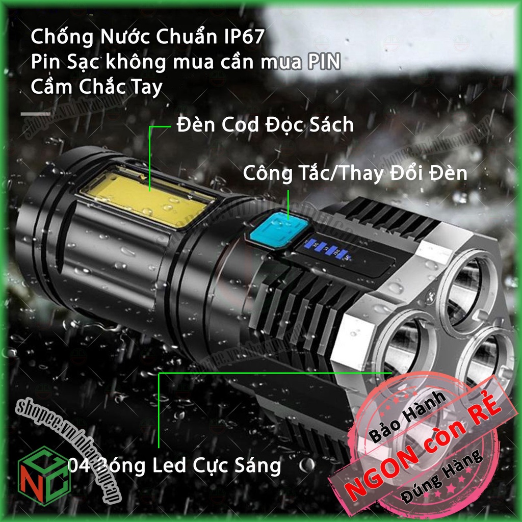 [KhoNCC] Đèn Pin Cầm Tay Chiếu Xa Cực Sáng 4 Bóng 4 Chế Độ Sạc Tích Điện, Đèn Pin Led, Kiểm Tra Nhà - Sân Vườn Buổi Tối