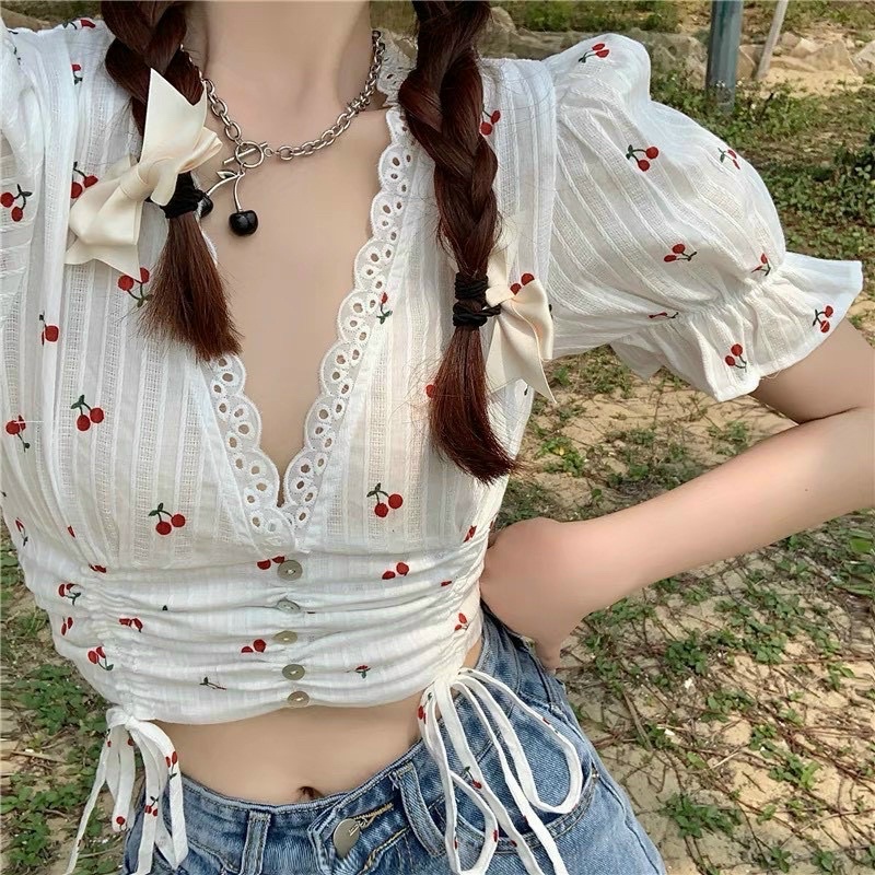 Áo kiểu croptop tay ngắn rút dây viền ren hoạ tiết Cherry nhí xinh xắn, áo crt - Mã: 772 TV-FASHION