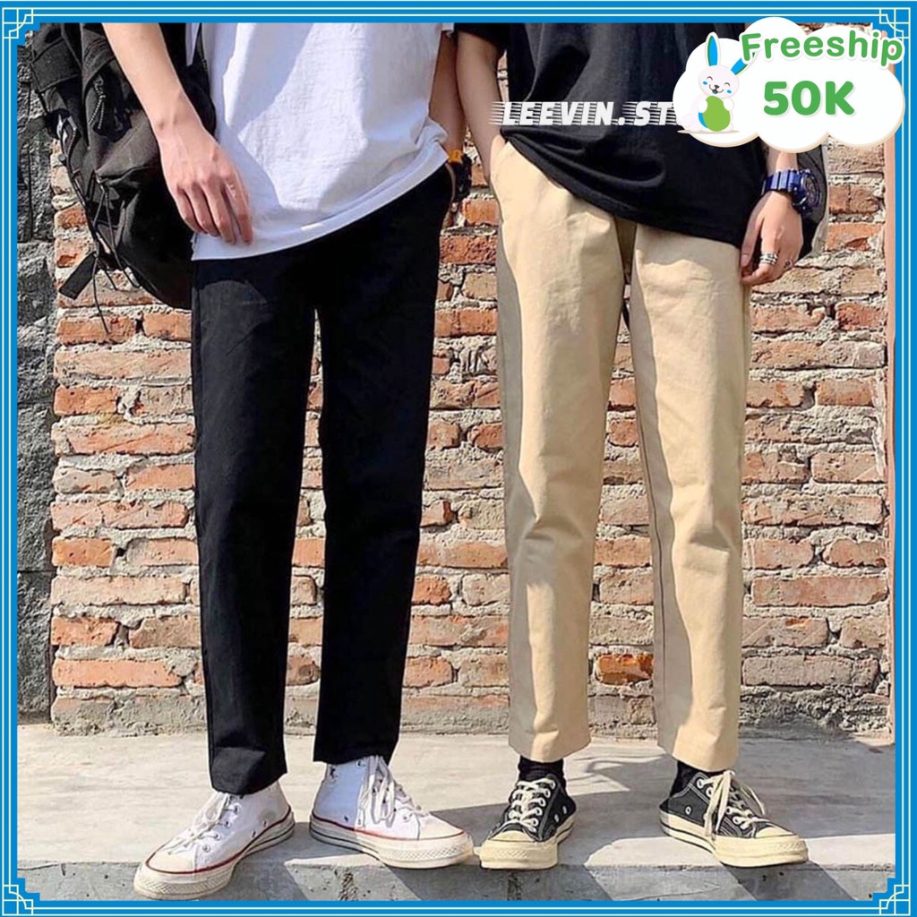 Quần Kaki Nam Baggy Ống Suông Basic Unisex - Kiểu quần baggy nam ống rộng màu đen và be