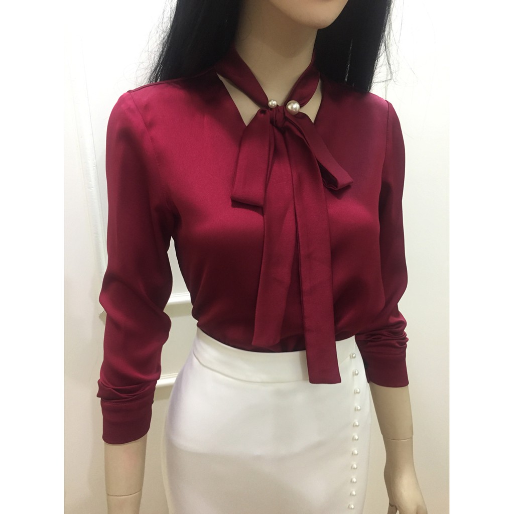 Áo Công Sở Nữ Áo Kiểu 💖𝑭𝒓𝒆𝒆𝒔𝒉𝒊𝒑💖 Áo Sơ Mi Nữ Đỏ Thắt Nơ Vải Lụa Mềm | BigBuy360 - bigbuy360.vn