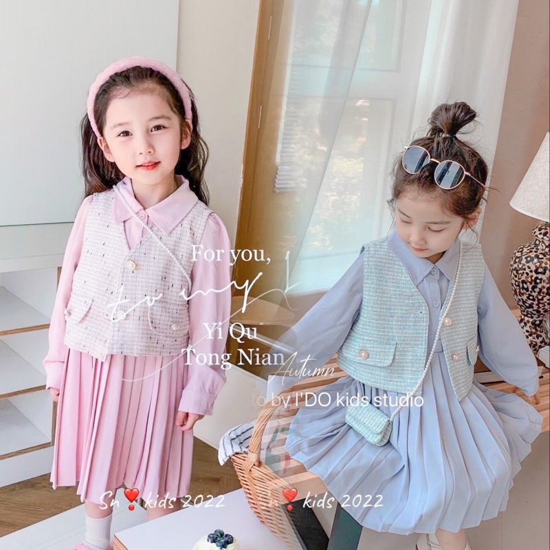 Set dạ 2 lớp cv xếp ly sn kids cho bé gái