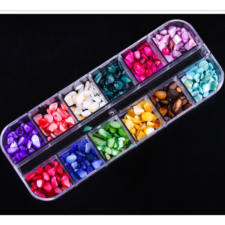 Đá đính móng nail khay sỏi 12 màu mix size tặng kèm nhíp gắp đá , đá sỏi gắn trang trí móng chuyên dụng