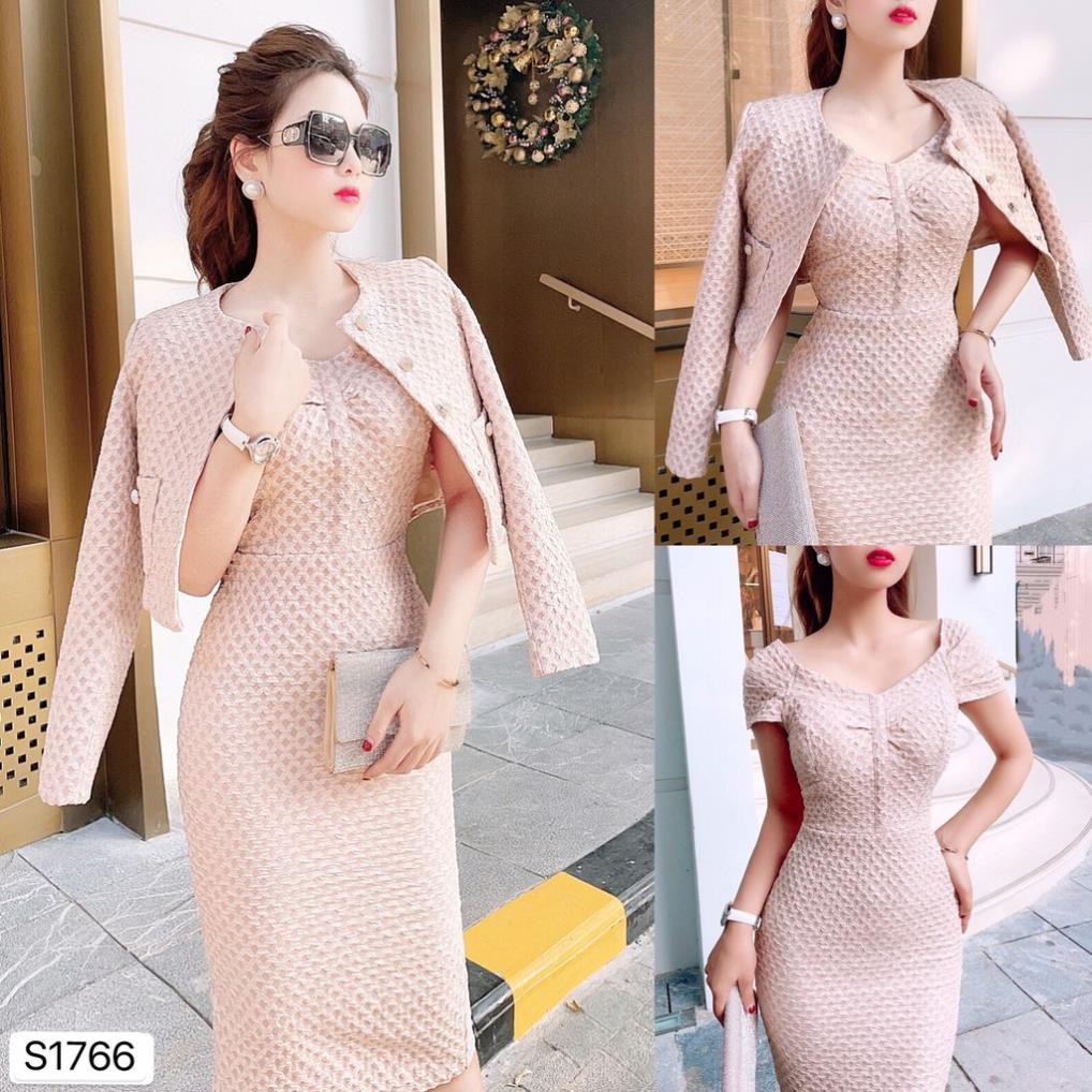 Set váy be body áo khoác gấm S1766 - DVC Dolce Viva Colection Authentic (Kèm ảnh thật trải sàn do shop tự chụp)