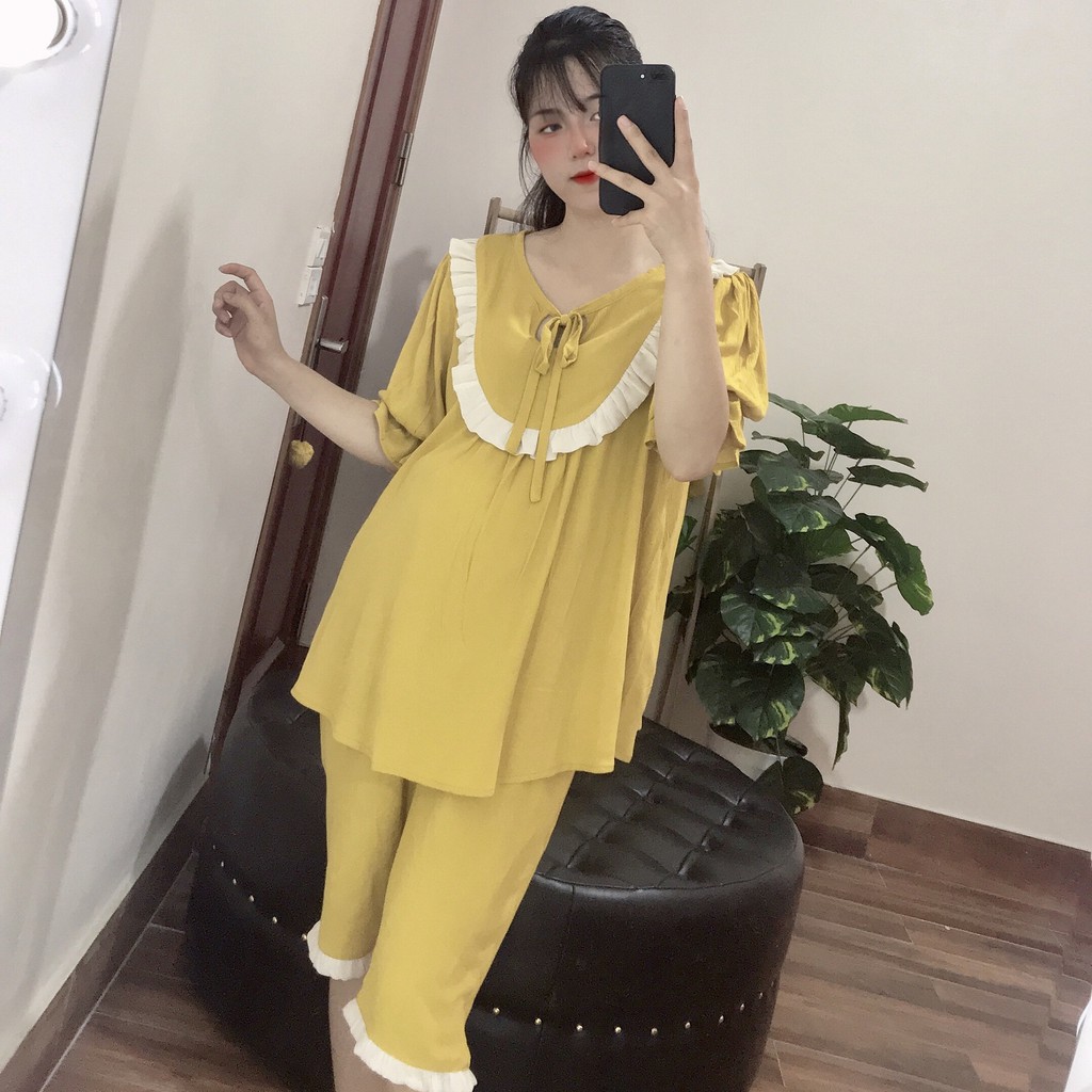 Đồ bộ bầu sau sinh mặc nhà mùa hè thiết kế dáng lửng - Thương hiệu: Anna - Chất liệu: đũi trơn, cotton, V110