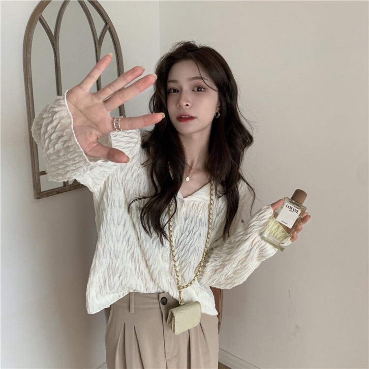 QADCOL Áo kiểu tay dài cổ tròn dáng rộng phong cách thời trang Hàn Quốc cho nữ