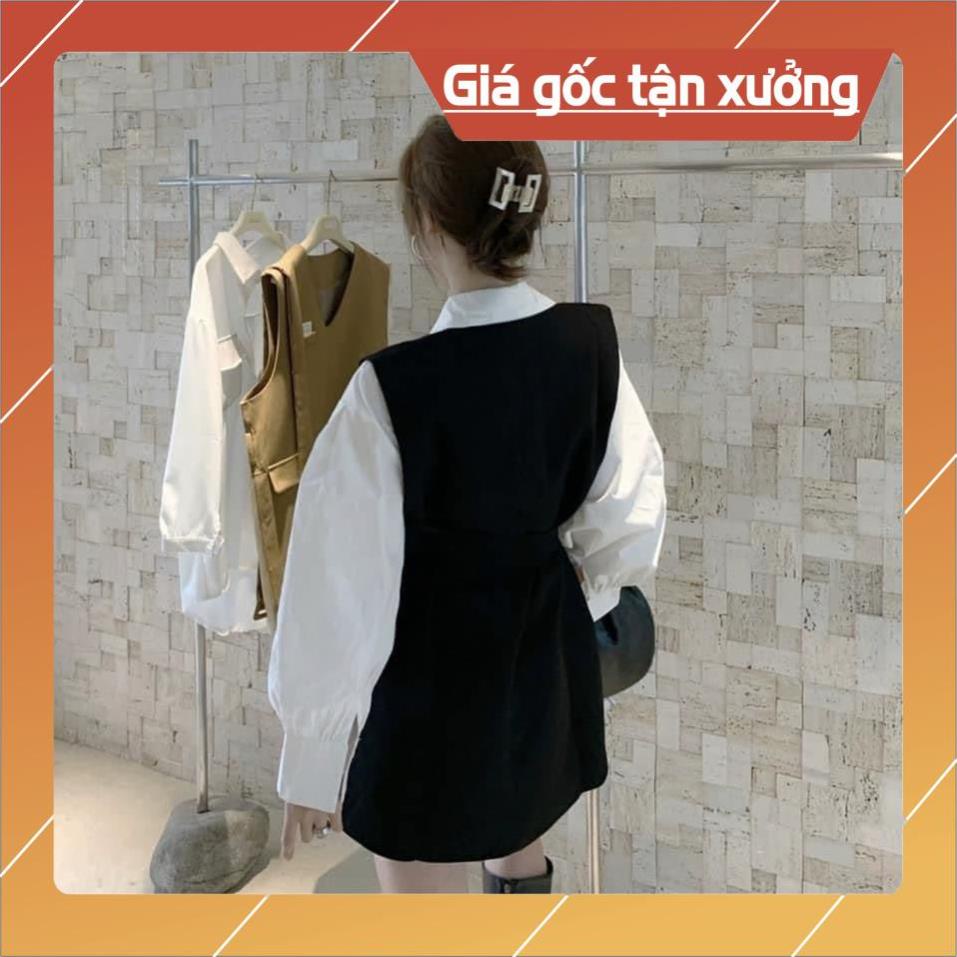 [Hàng Chất Lượng] Set Áo Sơ Mi + Đầm Suông Kèm Belt (ÁO TRẮNG + ĐẦM ĐEN) | BigBuy360 - bigbuy360.vn