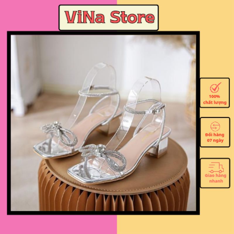 Giày cao gót nữ đế vuông 5 phân quai đính nơ đá hot 2023 VINA STORE mã L98