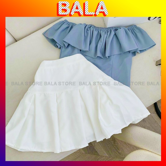 Set Áo Kiểu Nữ Rớt Vai Bèo Ngực + Chân Váy Trắng Ngắn Xoè