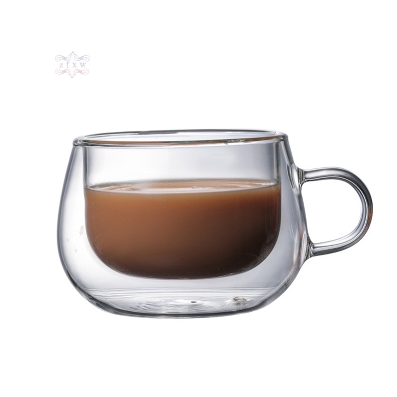 Cốc thủy tinh uống cà cà phê hai lớp chịu nhiệt có tay cầm tiện lợi