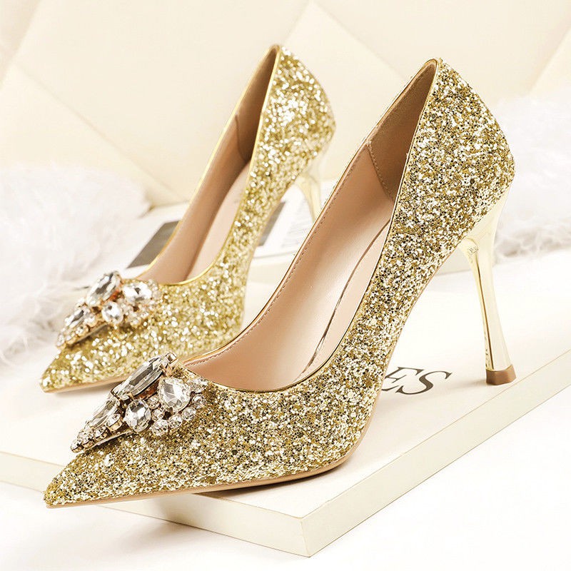 2021 giày cưới mới rhinestone cô gái mũi nhọn đính sequin cao gót phù dâu đám bạc đơn