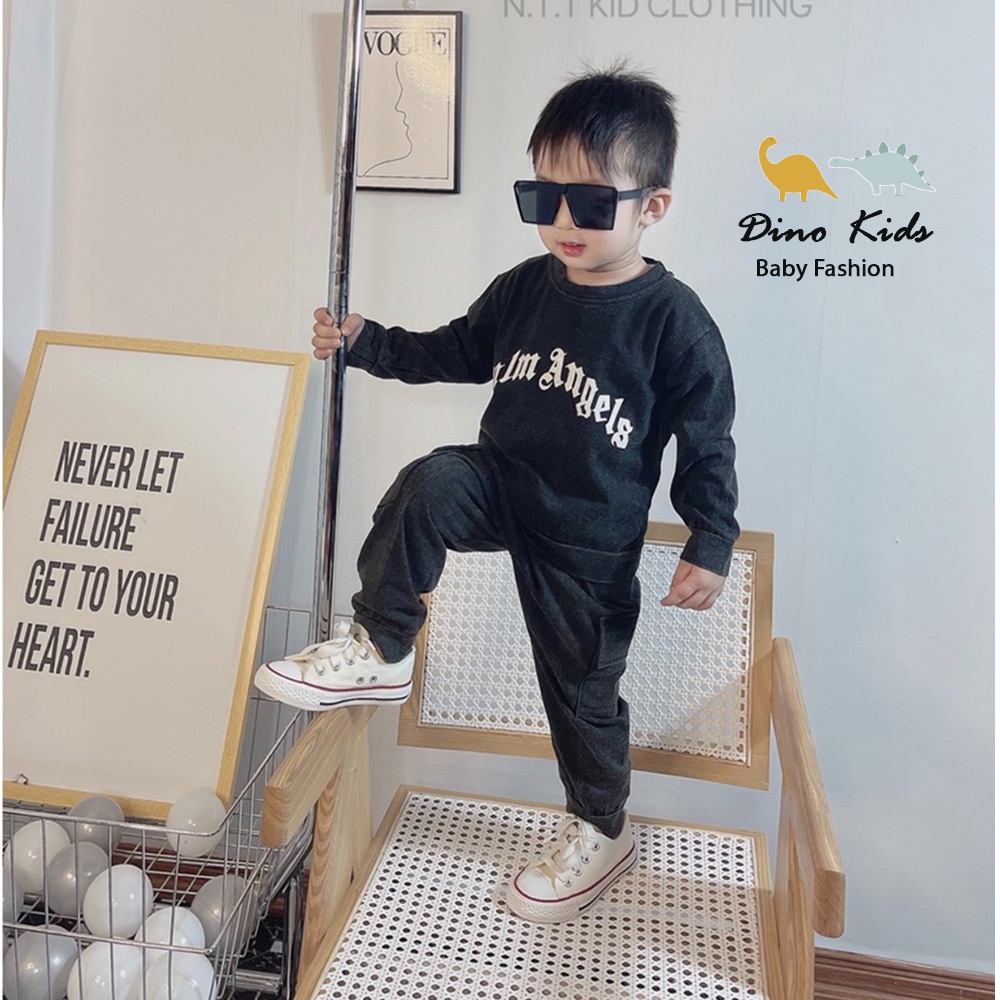 Quần áo thu đông bé trai, set bộ quần áo jean wash dày dặn, mềm mại túi hộp cho bé