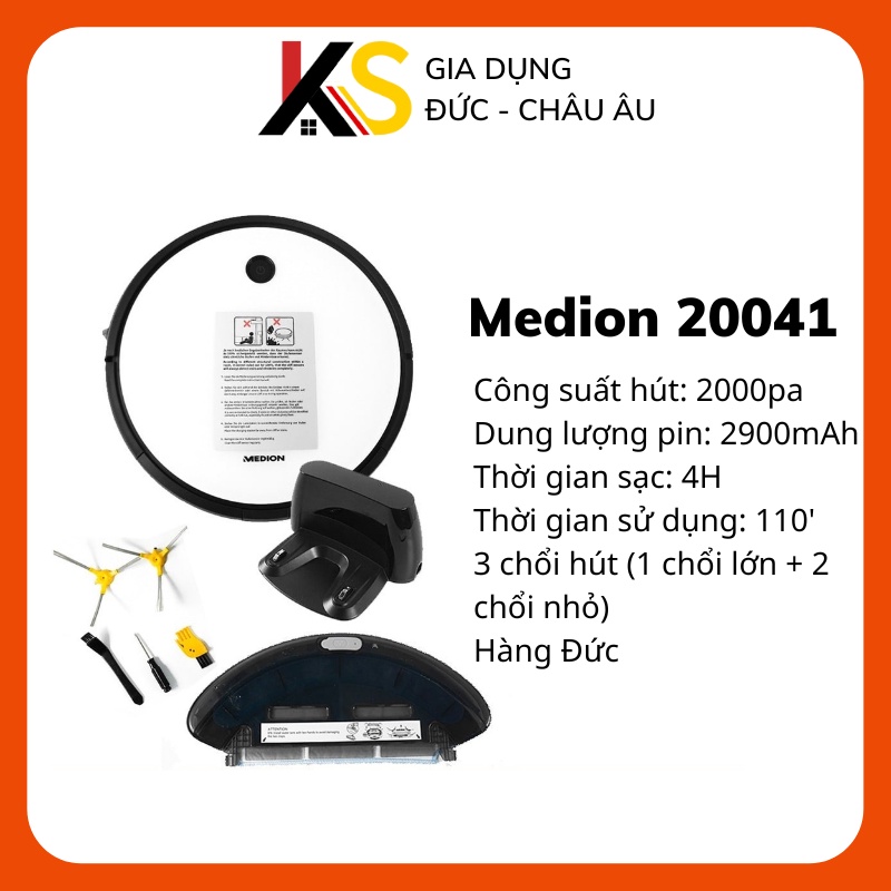 Robot Hút Bụi Lau Nhà Medion MD20041 công nghệ cao thế hệ mới gồm 3 chổi quét, pin khỏe 2900mAh, lực hút 2000pa