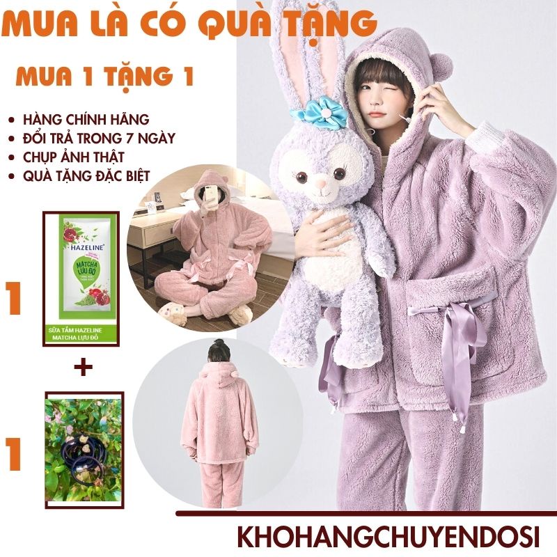 Bộ ngủ lông cừu giữ nhiệt mùa đông túi thắt nơ dễ thương,BNL02,set đồ mặc nhà nhung bông mềm mịn 2 màu hồng tím - THONGT
