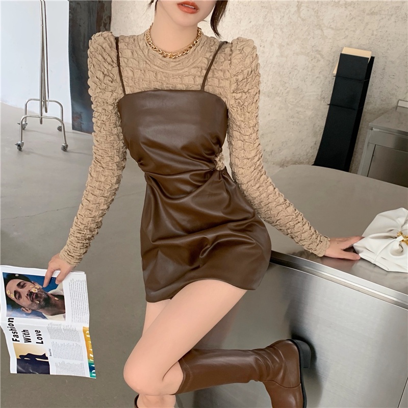 Bộ áo dài tay và đầm dây da PU sành điệu (có bán lẻ)