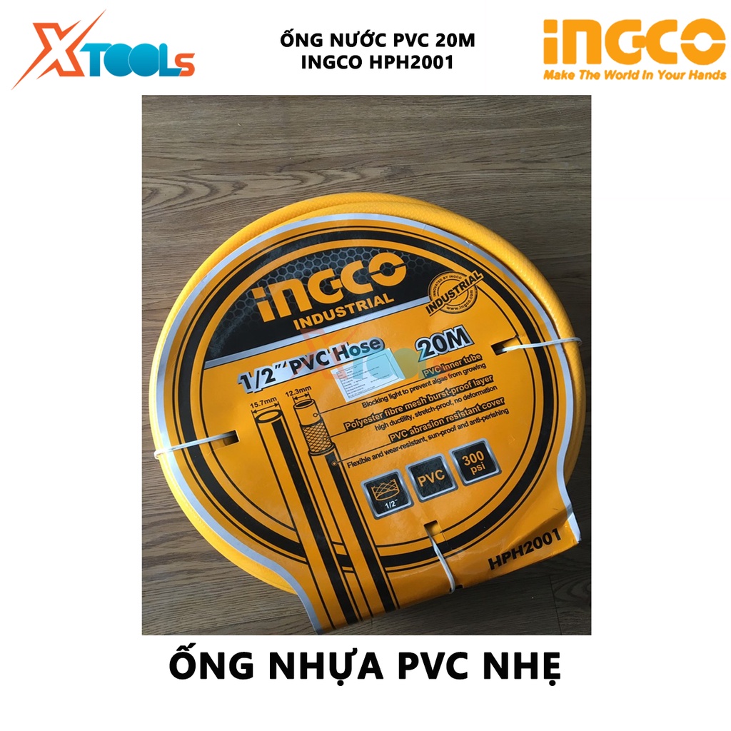 Ống nước PVC INGCO HPH2001 | ống nhựa pvc 20Mx1/2inch, Mức bùng nổ 300 psi, Mức thử nghiệm lực kéo 880N dễ lắp đặt, nhẹ,
