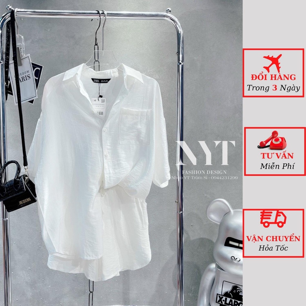 Set áo sơ mi đũi nữ tay ngắn kèm quần short ngắn đi biển du lịch ulzzang Hàn Quốc