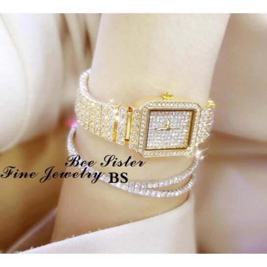 Đồng hồ nữ BeeSister BS dây hợp kim mặt Vuông đính đá full style Hàn Quốc + Tặng hộp đồng hồ sang trọng (Đỏ hoặc Đen)