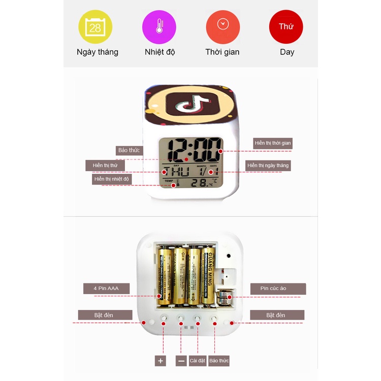 Đồng Hồ Báo Thức Để Bàn LED Đổi Màu in Hình Biểu Tượng Tiktok 2021. Hiển Thị Ngày Tháng, Nhiệt Độ. Pin Tặng Kèm